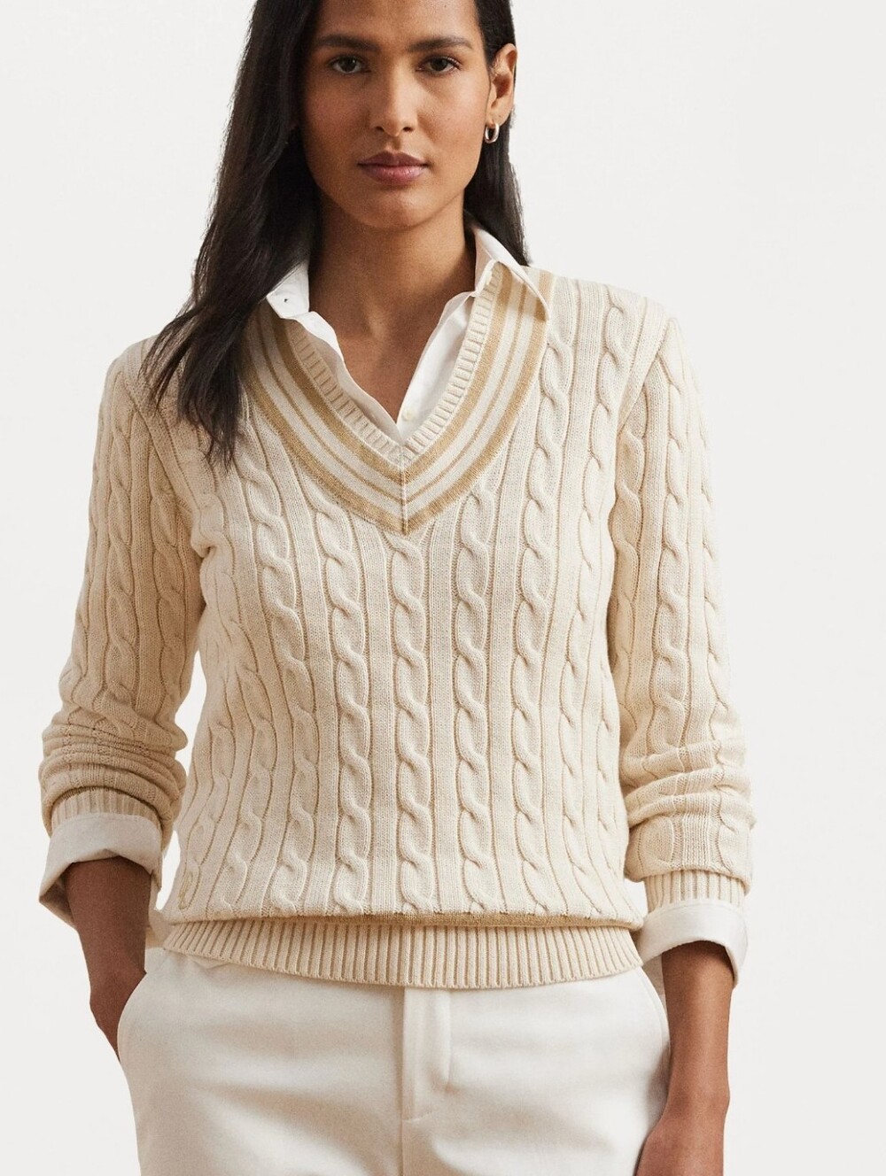 New Ralph Lauren Cable Knit Cricket Cotton V Neck Sweater